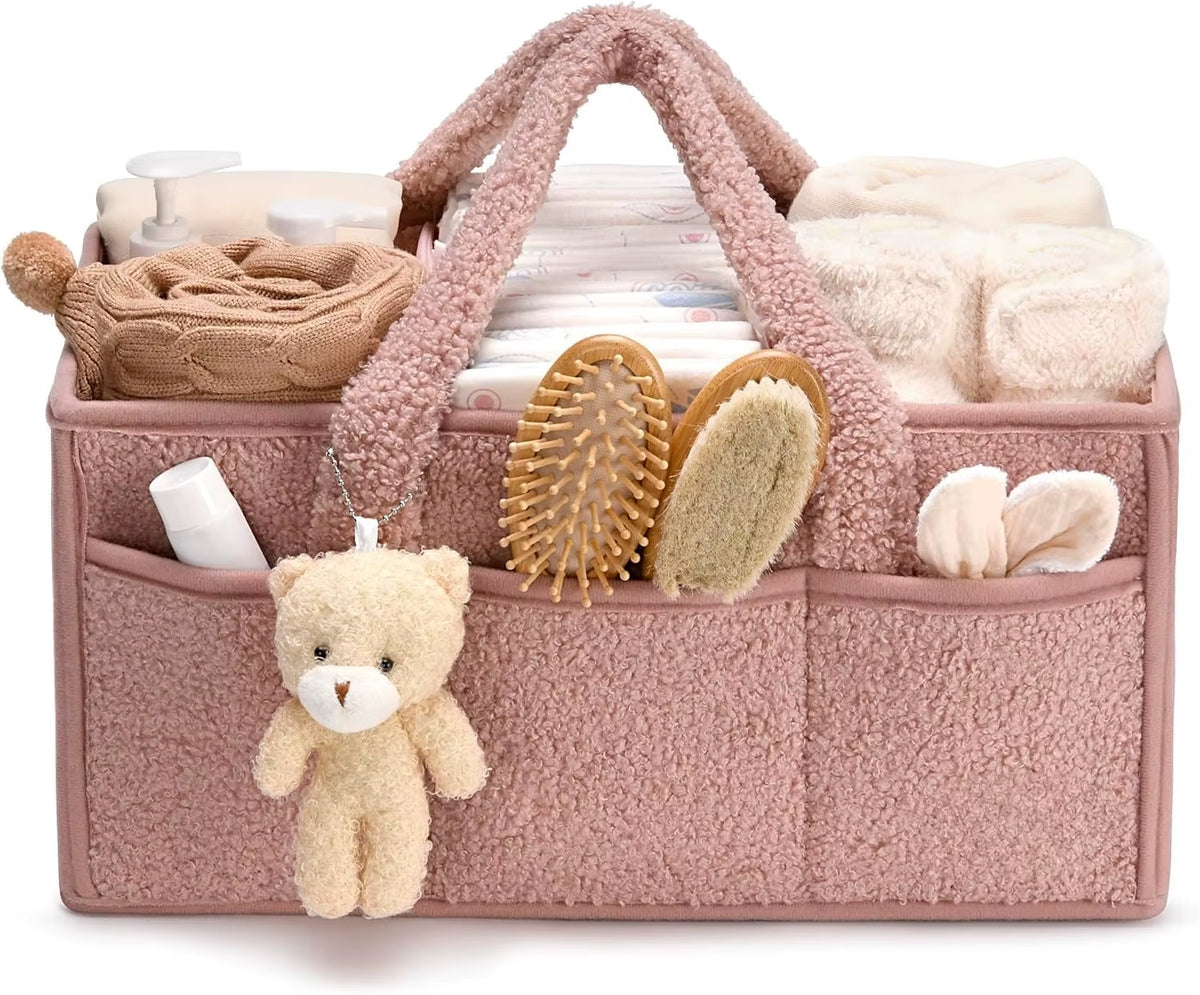 Baby Diaper Caddy Organizer for Changing Table, Plush Diaper Stackers & Caddies Diaper Bag with Teddy Bear,Diaper Storage Basket