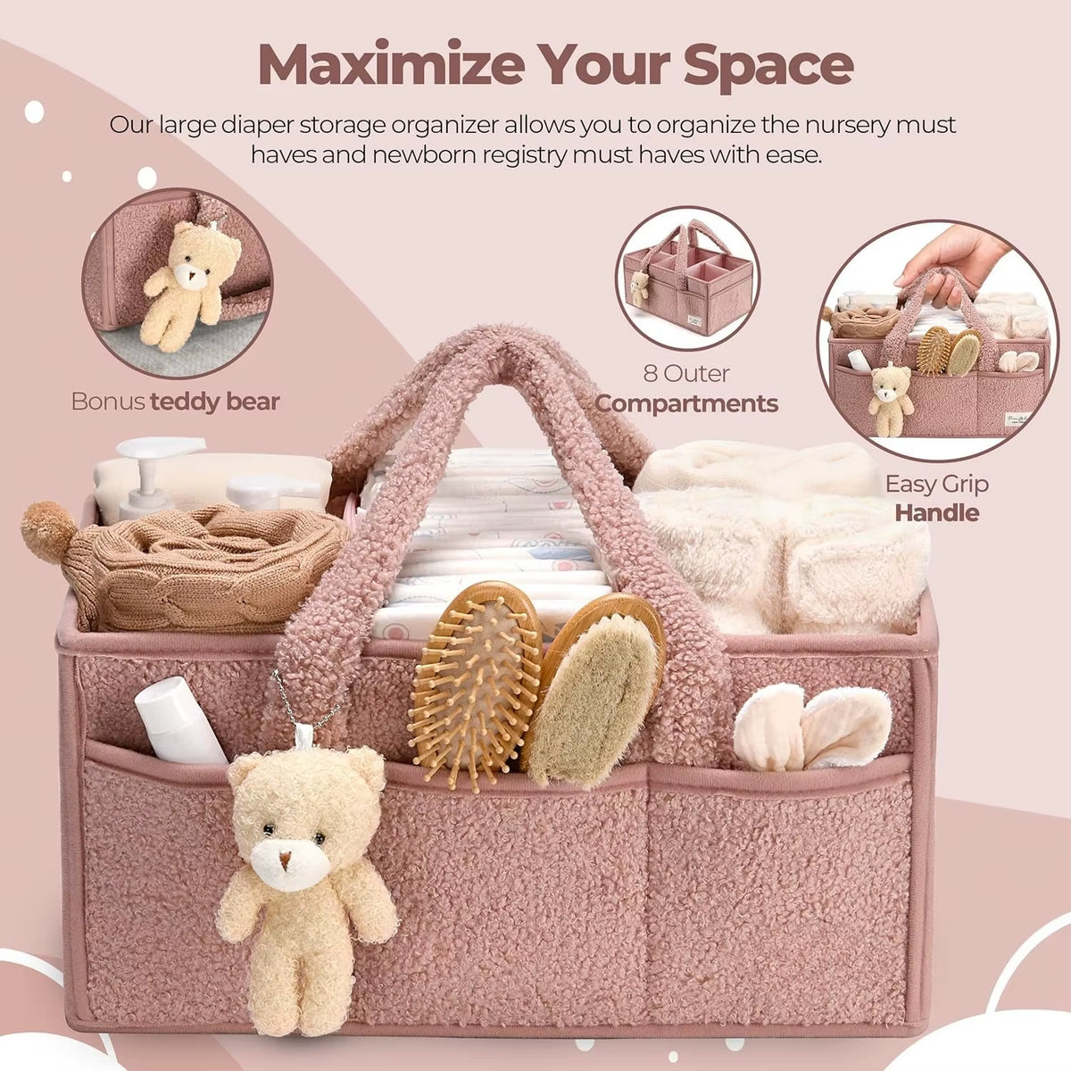 Baby Diaper Caddy Organizer for Changing Table, Plush Diaper Stackers & Caddies Diaper Bag with Teddy Bear,Diaper Storage Basket