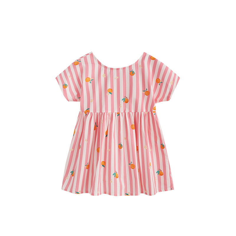 Vestido de algodón de manga corta con rayas rosas y estampado de naranjas para niña