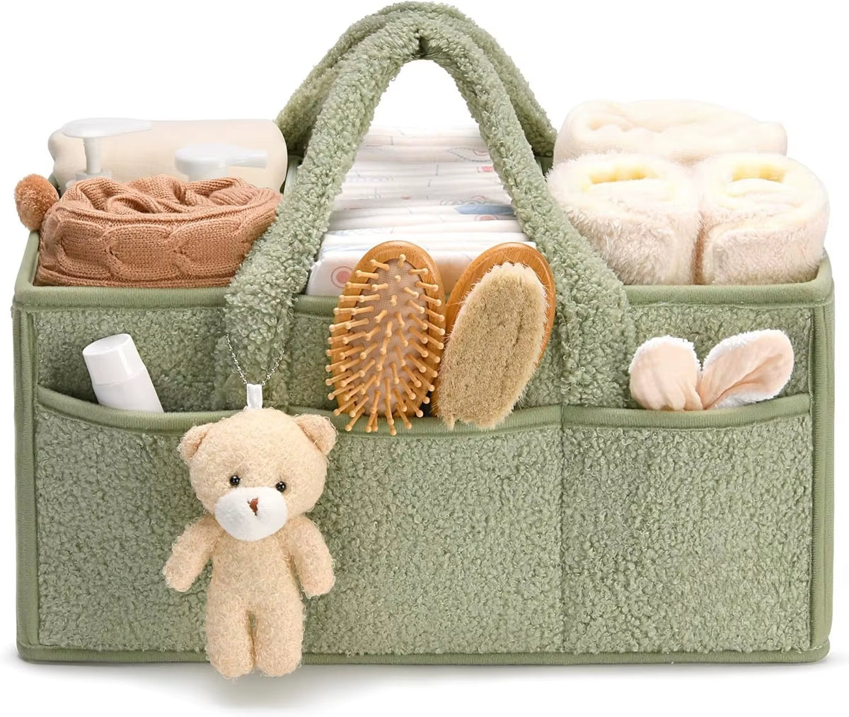 Baby Diaper Caddy Organizer for Changing Table, Plush Diaper Stackers & Caddies Diaper Bag with Teddy Bear,Diaper Storage Basket