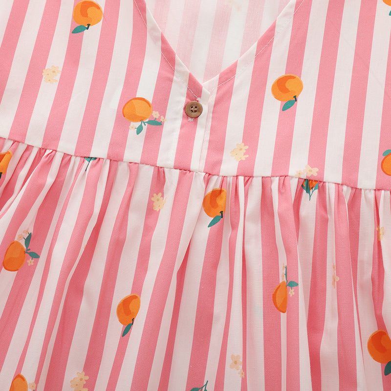 Vestido de algodón de manga corta con rayas rosas y estampado de naranjas para niña