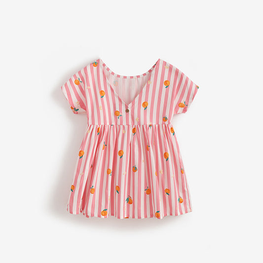 Vestido de algodón de manga corta con rayas rosas y estampado de naranjas para niña
