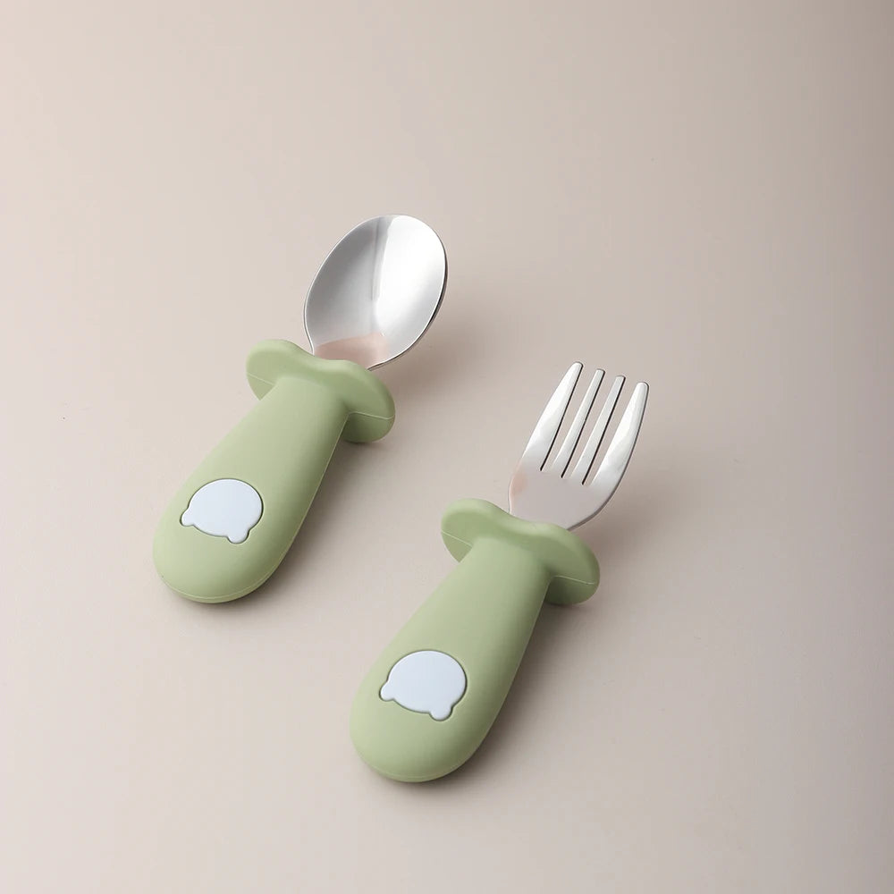 Cuchara y tenedor de silicona con acero inoxidable, diseño panda