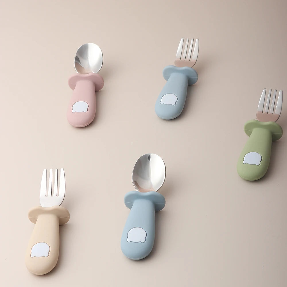 Cuchara y tenedor de silicona con acero inoxidable, diseño panda