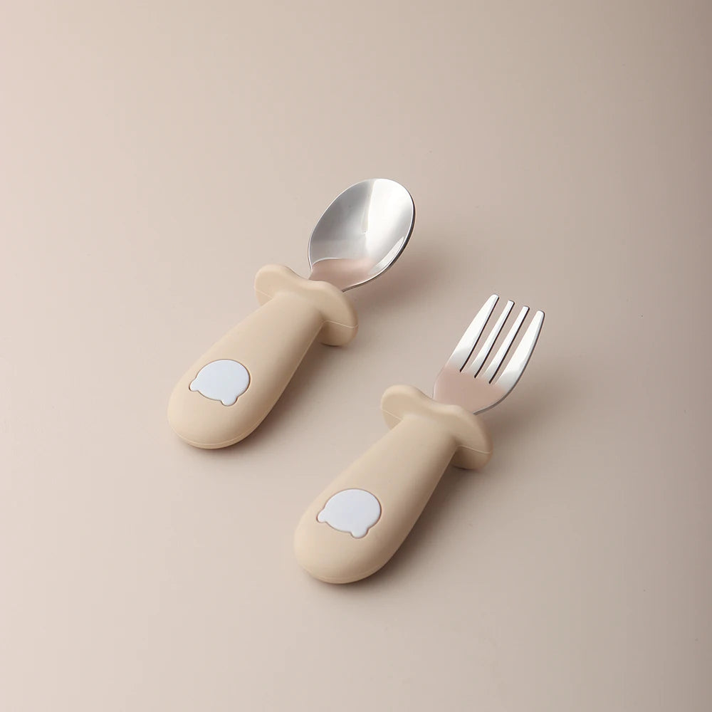 Cuchara y tenedor de silicona con acero inoxidable, diseño panda