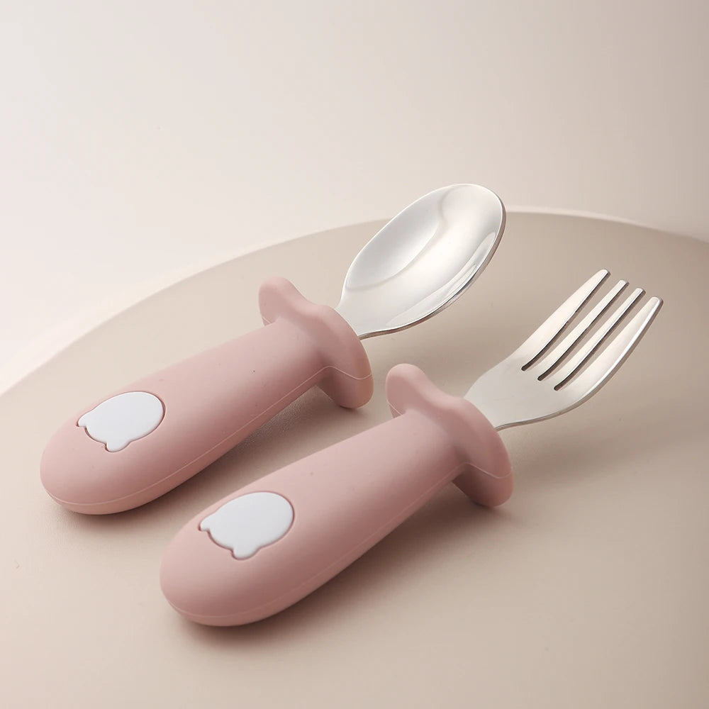 Cuchara y tenedor de silicona con acero inoxidable, diseño panda