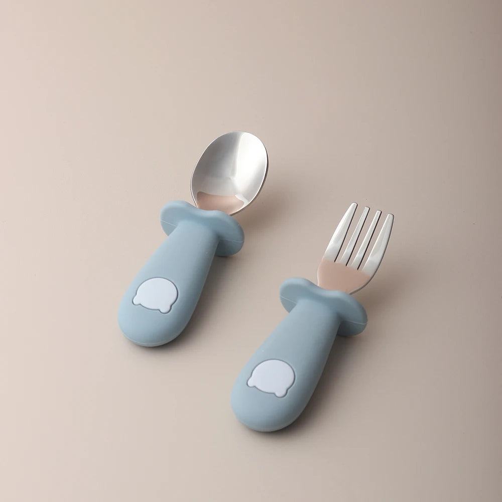 Cuchara y tenedor de silicona con acero inoxidable, diseño panda