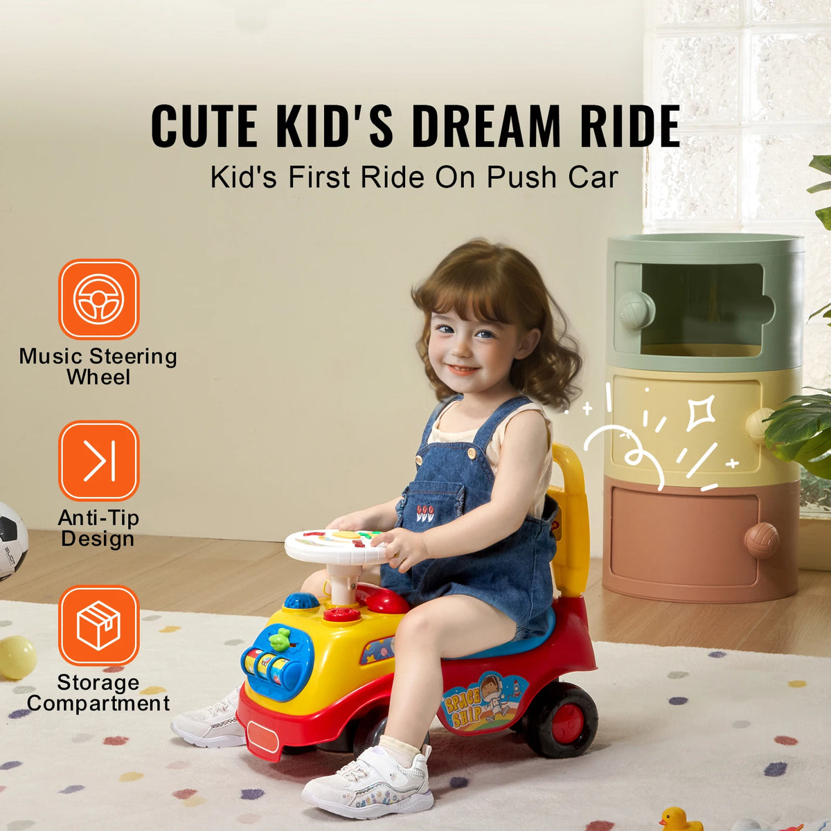Toddler Ride on Push Car Sit to Stand Kids Ride on Toy Car with Music Steering Wheel Seat Storage for Toddlers