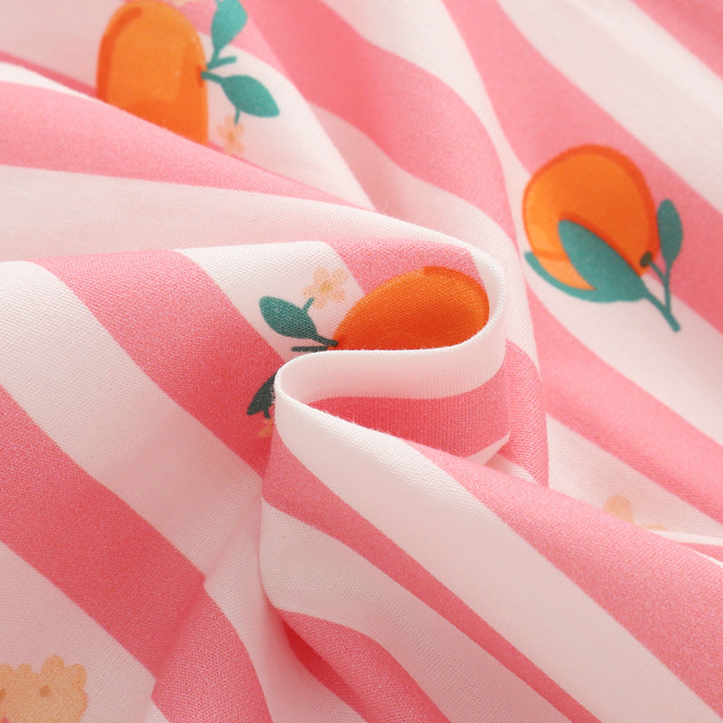 Vestido de algodón de manga corta con rayas rosas y estampado de naranjas para niña