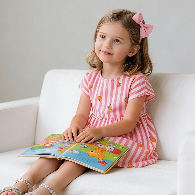 Vestido de algodón de manga corta con rayas rosas y estampado de naranjas para niña