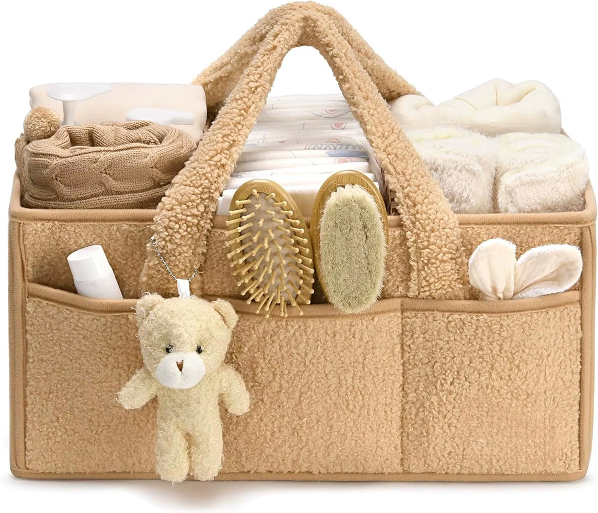 Baby Diaper Caddy Organizer for Changing Table, Plush Diaper Stackers & Caddies Diaper Bag with Teddy Bear,Diaper Storage Basket