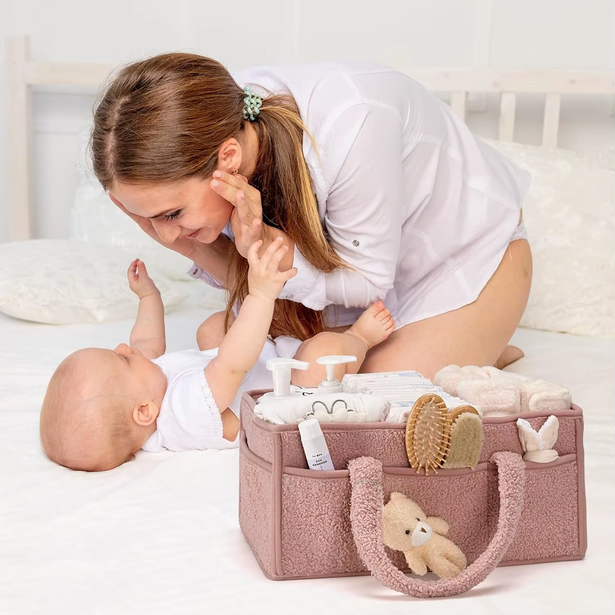 Baby Diaper Caddy Organizer for Changing Table, Plush Diaper Stackers & Caddies Diaper Bag with Teddy Bear,Diaper Storage Basket
