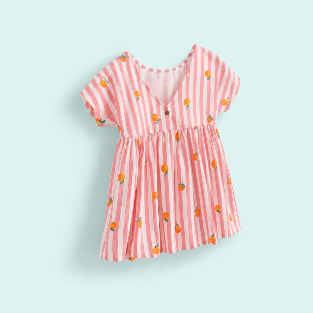 Vestido de algodón de manga corta con rayas rosas y estampado de naranjas para niña